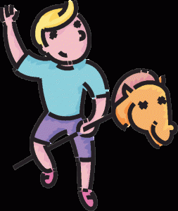 cartoon of kid riding on a stick horse