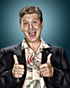 Cheesy salesman gives the thumbs-up