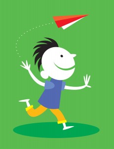 Kid flying paper airplane