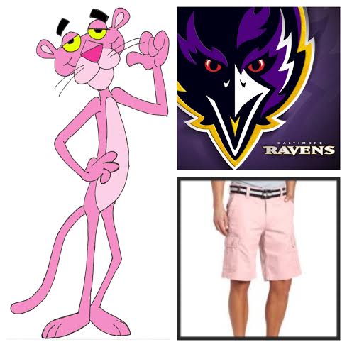 collage of pink panther, pink shorts, and purple Ravens logo