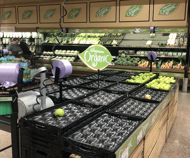 Wegmans produce dept., empty of any organic green apples during COVID-19 outbreak, but otherwise well-stocked. 